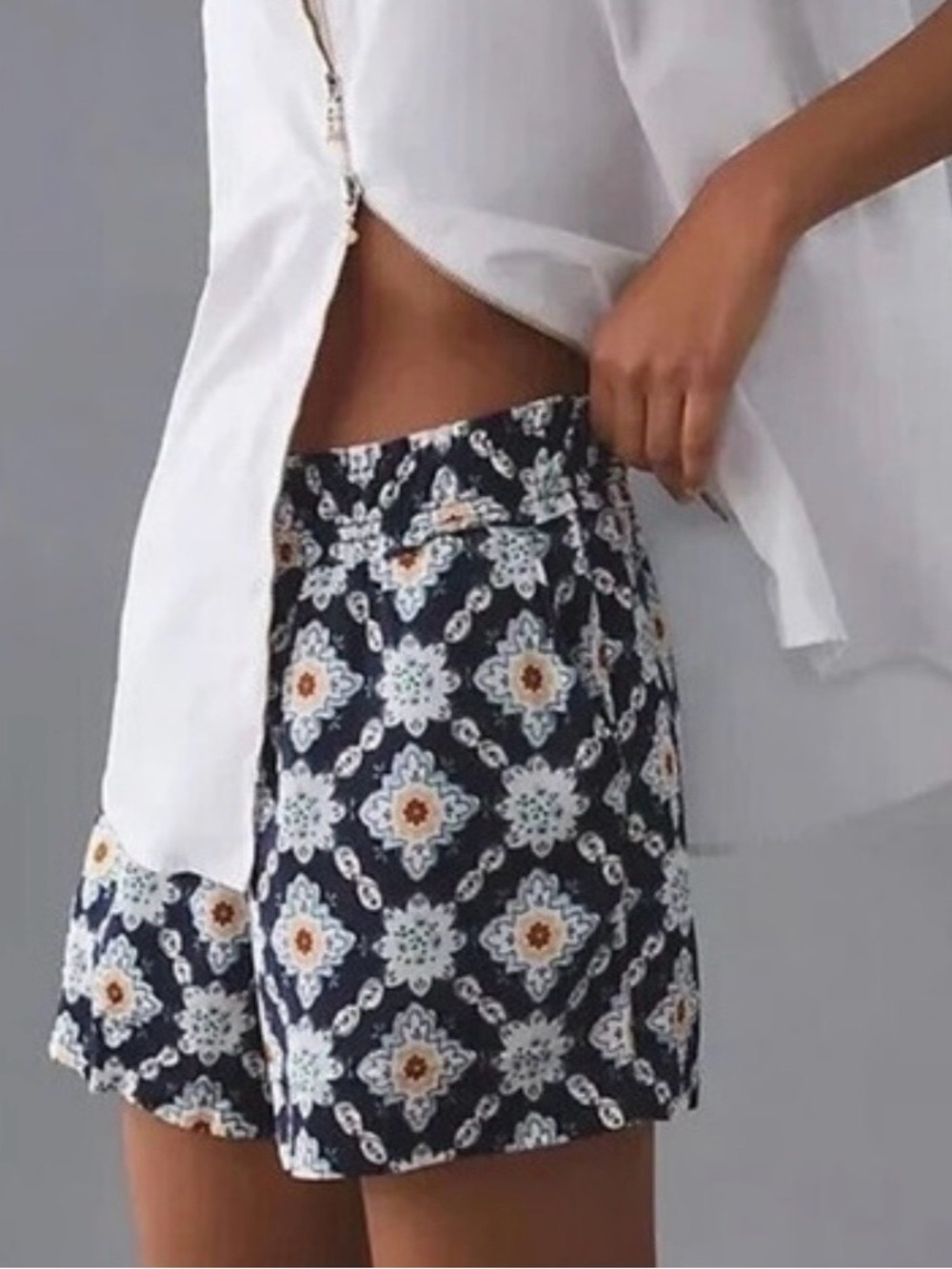 Anthropologie Navy, White & Rust Floral-Print Shorts